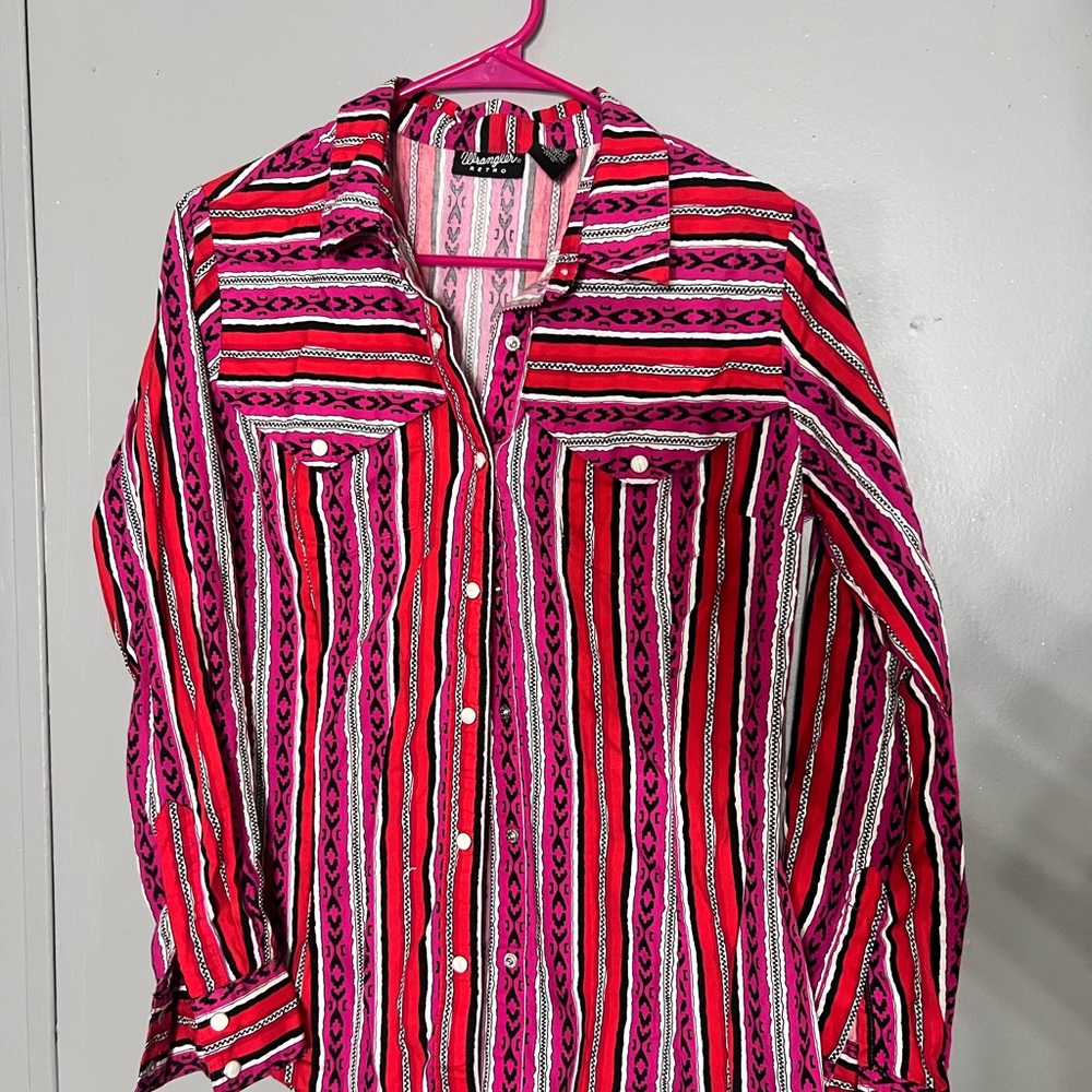 Wrangler Pink and Red Striped Button Down Shirt